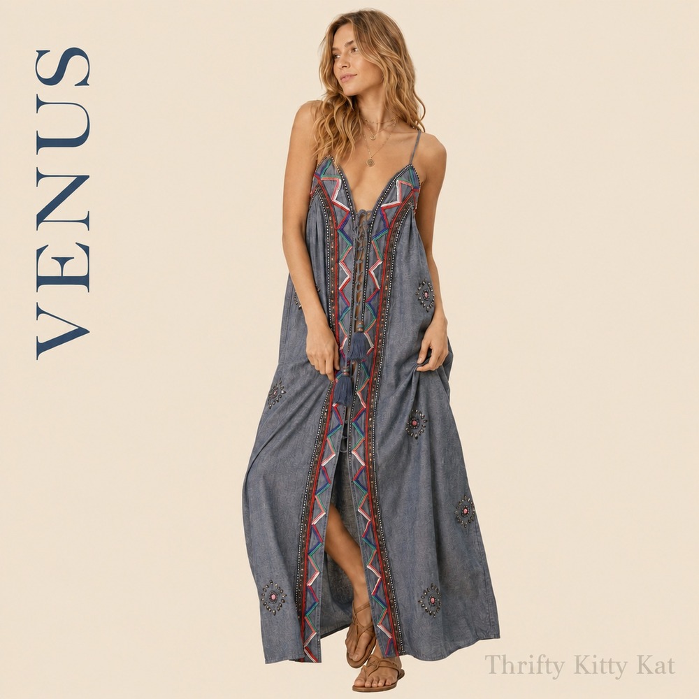 Venus Cotton Chambray Maxi Dress‎ Embroidered Beaded Lace Up Blue Multi M